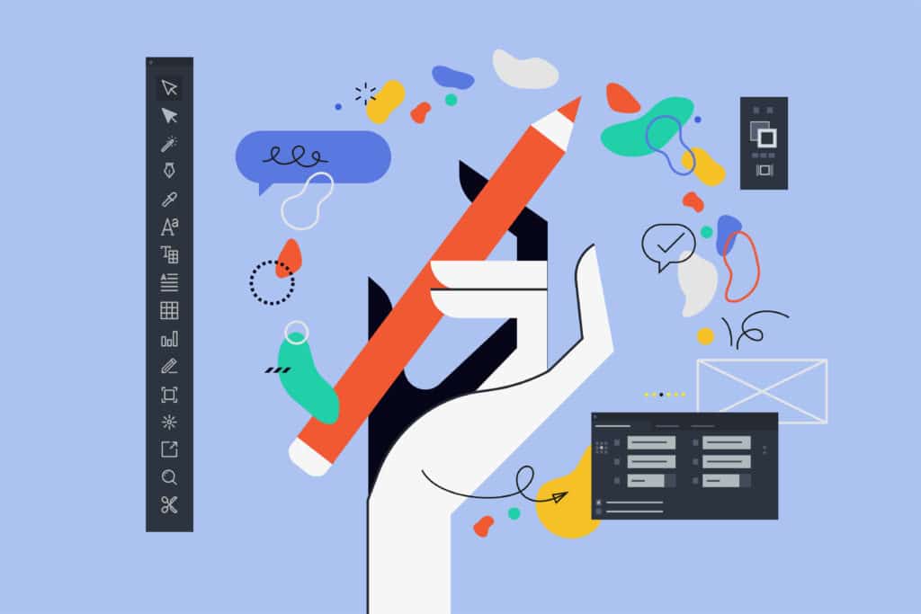 Cartoon of hand holding a pencil and design elements