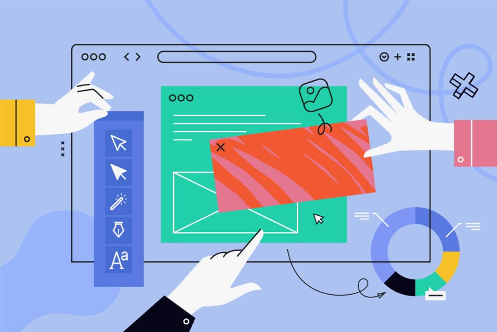 Cartoon image of hands assembling design elements