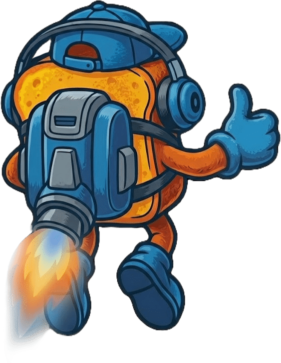 Discotoast Studio Mascot flying with a thumbs up